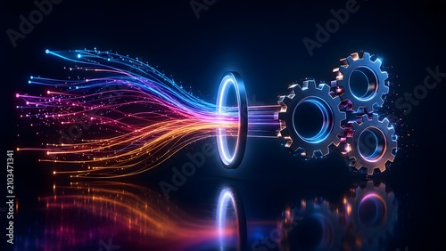 Luminous fiber optic data streams passing through a glowing ring portal transforming into three metallic gears reflecting on a dark glossy surface.