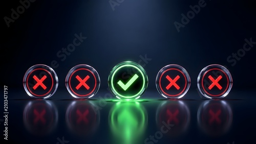 Glowing green check mark icon among red crosses on dark background representing right choice approval and positive decision concept