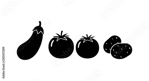 Vector illustration of set of fresh vegetables icons including eggplant, tomato and potato on a transparent background