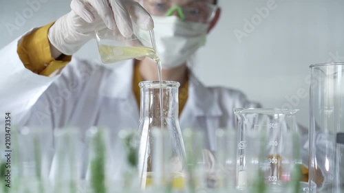 Woman scientist wearing a lab coat, white gloves, and a mask is pouring a yellow oily liquid from one beaker to another in a laboratory setting, close up. Science and medicine