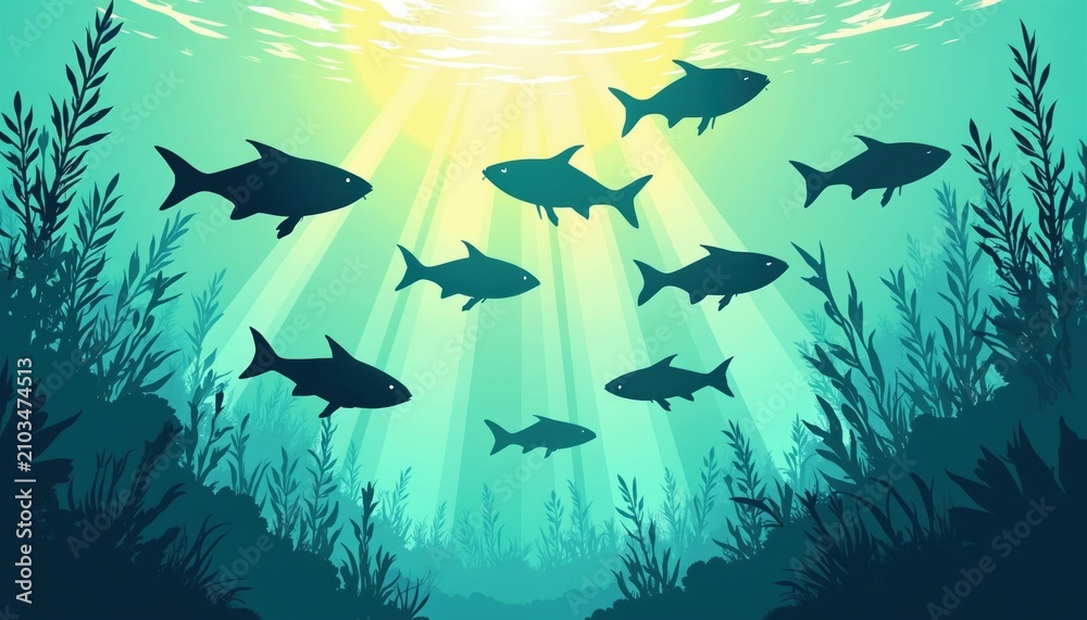 Obraz premium Group of dark fish silhouettes swim in bright clear water. Sun rays penetrate deep blue aquatic surface through algae, green sea plants. Beautiful underwater nature scene shows peaceful school of