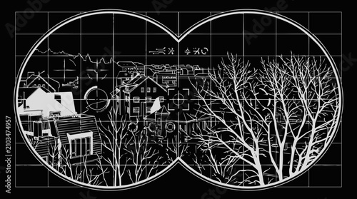 Viewfinder - Tactical binoculars view for surveillance and spying featuring a digital HUD and crosshair targeting suburban houses and bare winter