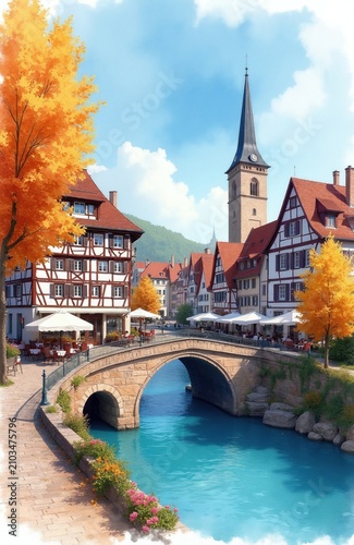 Small German town with old half timbered houses, brick bridge over blue river. Yellow autumn trees decorate street with outdoor cafe tables. Historical European village architecture with church tower