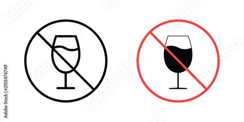Tableau sur toile No Alcohol Sign Icons: Two prohibition signs, one in black and white outline and the other in red, clearly indicate 'no alcohol' with a crossed-out wine glass symbol