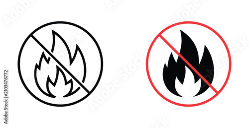 Vászonkép No Open Flame Signs: Two circular signs, one outlined in black and the other in red, clearly display a no fire symbol indicating a prohibition against open flames