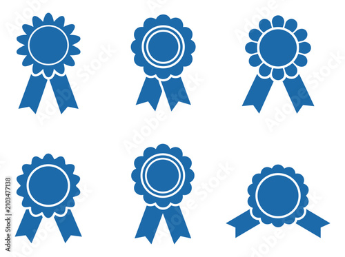 Принти на полотні Blue Rosette Ribbons: A collection of six blue rosettes with ribbons, presented in a 2x3 grid, symbolizing achievement and recognition
