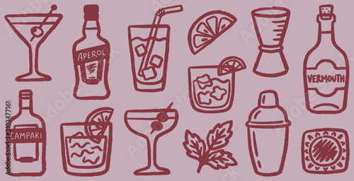 Bild auf Leinwand Collection of hand-drawn cocktail icons and bar tools on a pink background
