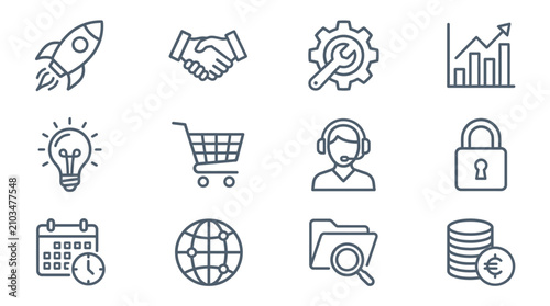 Minimalist outline business and startup icon set.
