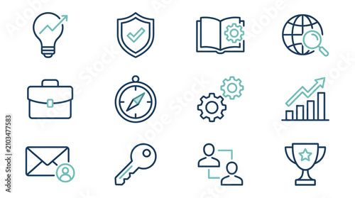 Corporate strategy and global professional line icon set.