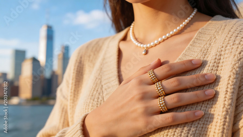 Woman wearing pearl necklace and rings