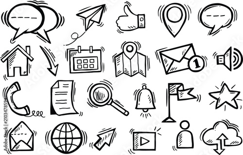 Doodle contact us icons set. Sketch customer support service, communication, help desk, information and client review symbols.
Hand drawn cell phone, mail, email, fax, location, web page illustartion
