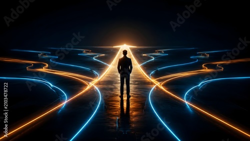 Businessman standing at glowing neon crossroads choosing the right path for future business strategy and leadership success.