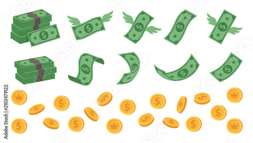 Canvastavla Set of cartoon dollar bills and gold coins for business
