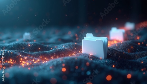 Digital folders move through abstract dark space with glowing particles. Electronic documents transfer via online network connection. Virtual files travel across futuristic system surface in