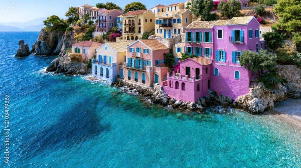 Fototapeta premium Vibrant coastal village with colorful houses overlooking serene turquoise waters and rocky shoreline in sunny weather