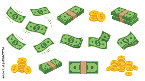 Konstfotografi Collection of flying dollar bills, cash bundles, and gold coins