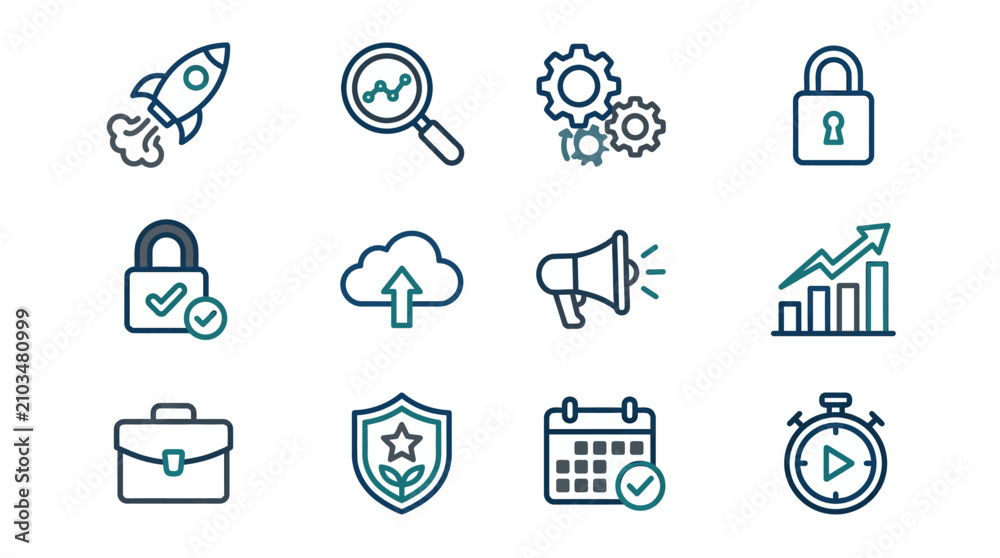 Fototapeta premium Startup business security and growth outline icon set.