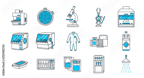 Icons representing semiconductor labs and cleanroom environments.
