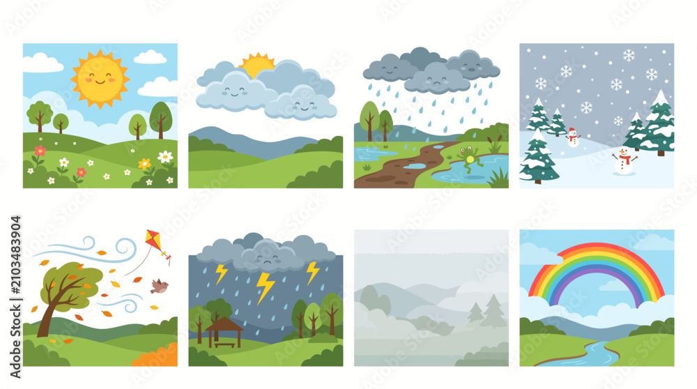Obraz premium Weather conditions icons set. Cute cartoon landscape scenes with various climate states.
