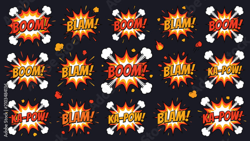 Foto Comic book explosion speech bubbles with boom and blam text
