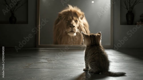 Kitten admiring lion reflection in the mirror symbolizes overcoming fear and building confidence and inner strength.