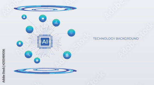 AI circuit board projected as a blue hologram with light effects and nine buttons floating in space; featuring big data flows in dynamic transmissions. Circuitboard Tech concept, green, blue, gradient