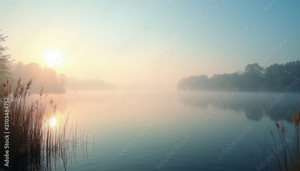 Obraz premium Golden sunrise over calm lake water with morning mist covering forest landscape background. Sunlight reflects on peaceful pond surface near reed plants. Quiet outdoor scenery offers relaxation,