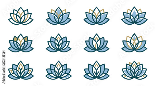Blue geometric lotus flower logo design set.