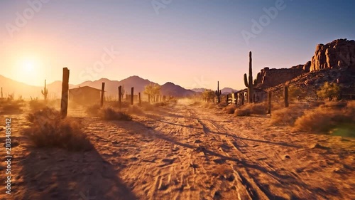 Abandoned wooden shacks stand in a dusty desert ghost town at sunset