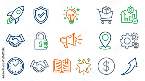Modern line icons for business startup and finance.