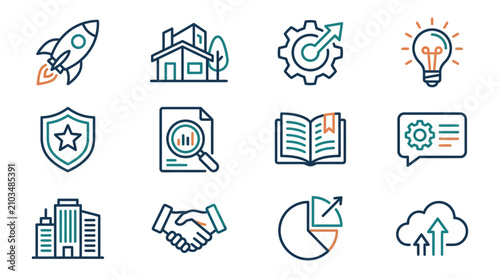 Modern business growth and startup concept line icons.