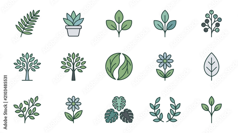 Fototapeta premium Minimalist green botanical and garden plant icons.
