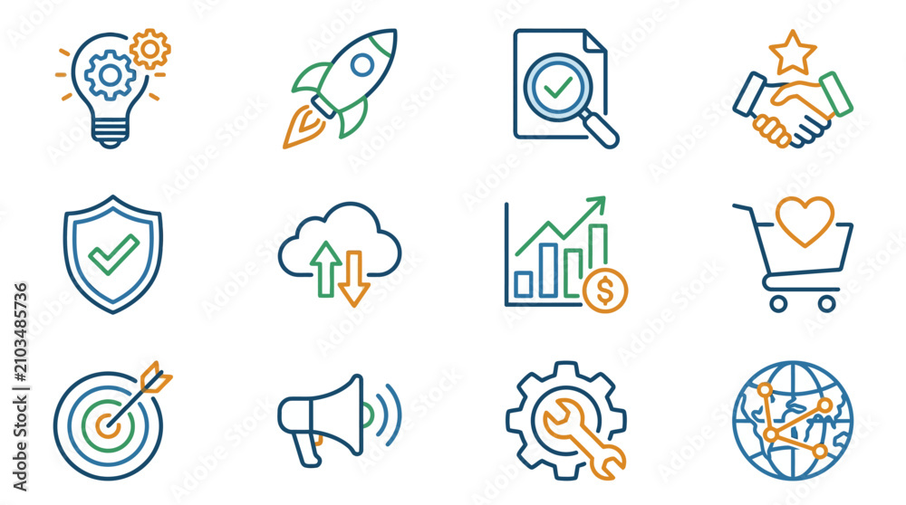 Fototapeta premium Colorful business marketing and growth strategy icons.