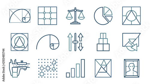 Geometry and design principles technical icon set.