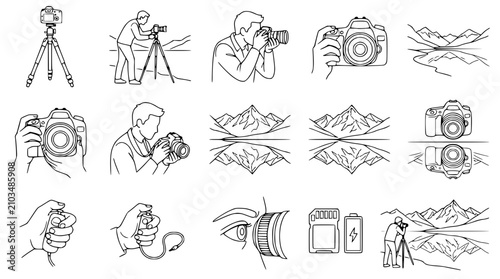 Obraz na plátně Photography Icons: Camera Gear, Landscape, Photographer, Tripod, Memory Card, Ba