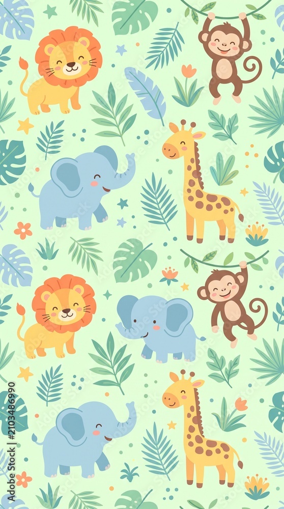 Naklejka premium Seamless Safari Animals Pattern with Lion Elephant Giraffe Monkey