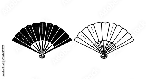 Vector illustration of set of black and white folding hand fans on a transparent background