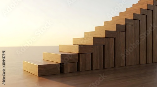 A conceptual wooden staircase design serving as skill level indicators representing progress growth development achievement and success in a business career