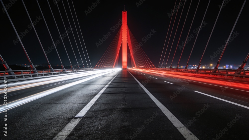 Fototapeta premium Symmetrical Night View of Illuminated Red Suspension Bridge with Long Exposure Light Trails and Dramatic Urban Architecture