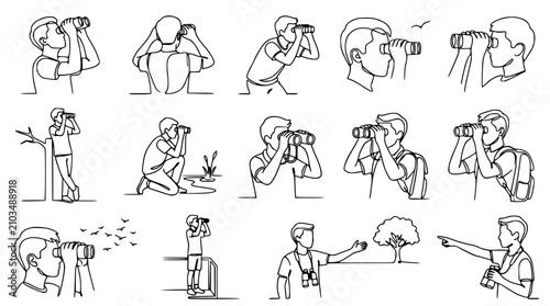 Fotografie Continuous Line Art: People Observing Nature with Binoculars