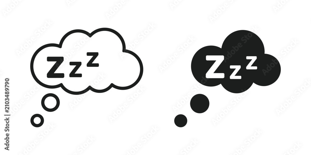 Obraz premium Dream Bubble Iconography. A set of two thought bubbles, one outlined and one filled in black, both displaying the iconic Zzz to symbolize sleep or dreams.