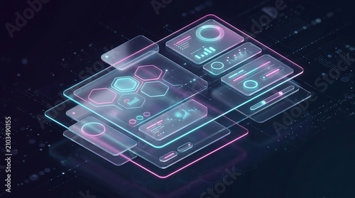 Isometric 3D Glassmorphism UI Elements Dark Tech Background