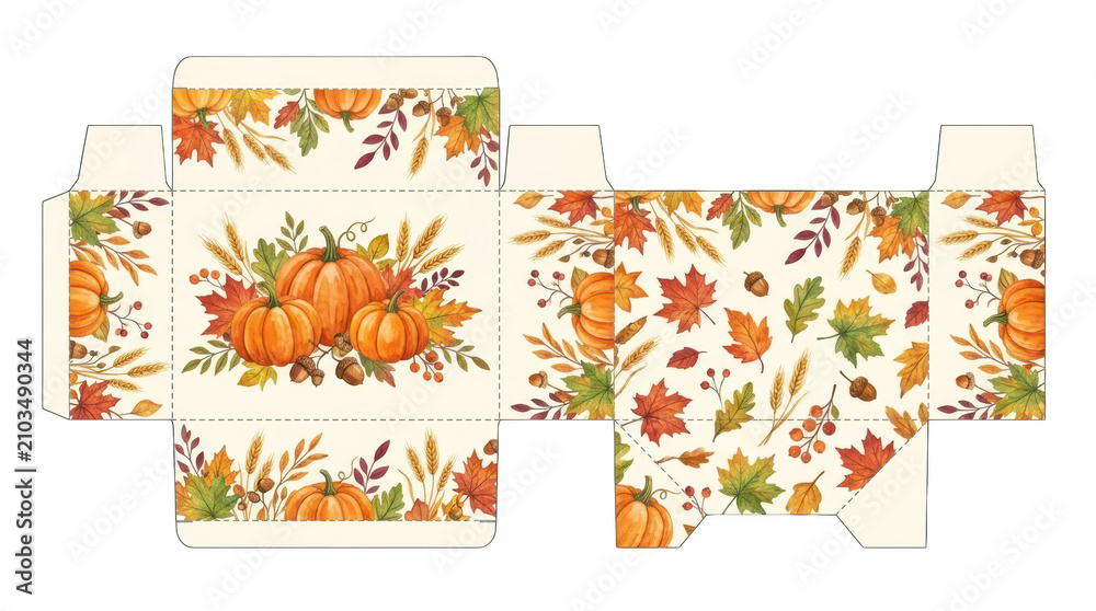 Fototapeta premium Fall autumn pumpkin and leaves gift box template isolated on transparent background
