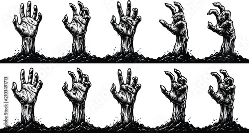 Canvastavla Zombie hand vector silhouette set rising from the grave ground with creepy detai