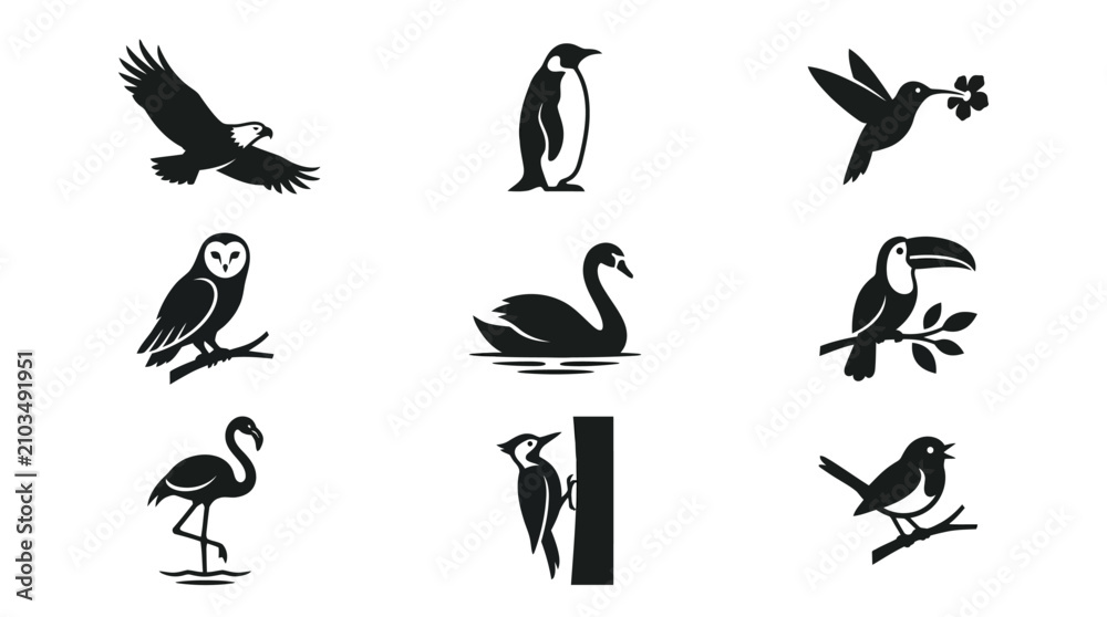 Obraz premium Global bird species silhouette and avian icon set.