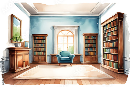 Cozy Home Library Interior Featuring Wooden Bookcases and a Comfortable Blue Armchair