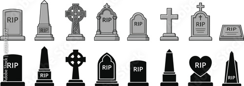 Foto Halloween tombstone vector set featuring grave icons and cemetery headstone silh