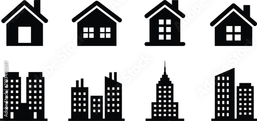 Vector icon set of real estate residential houses, urban city skyscraper buildings, corporate property silhouettes