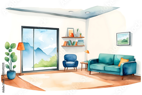 Cozy Modern Living Room Interior with Watercolor Aesthetic Featuring Comfortable Furniture and Natural Mountain View
