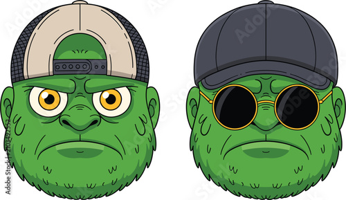 Photography Vector illustration of angry green monster head, hairy gorilla character wearing